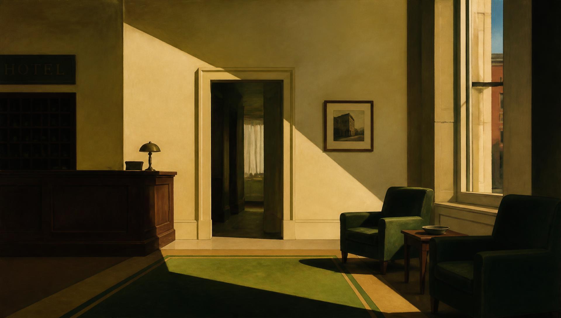 Empty hotel lobby crossed by a hard diagonal of late afternoon sunlight